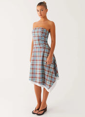Tonie Strapless Midi Dress - Shoreline Check